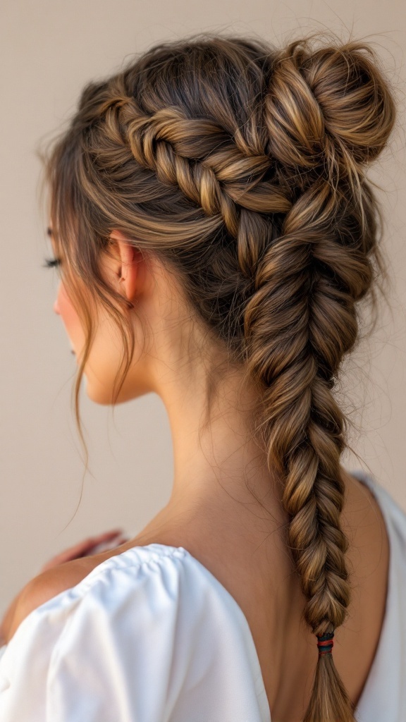 A woman with a stylish braid and bun hairstyle, showcasing intricate braiding and a neat bun.