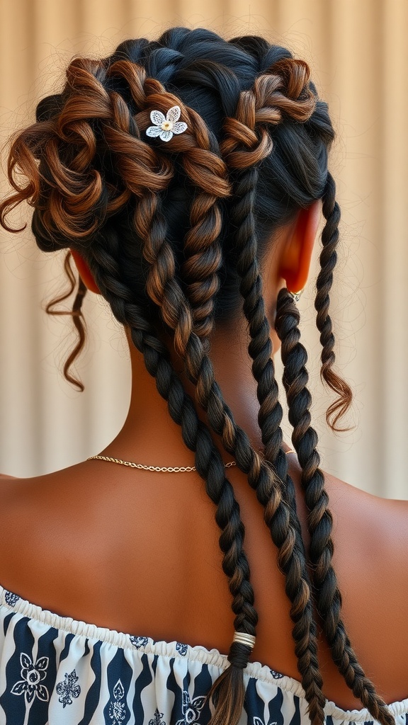A hairstyle featuring a combination of braids and twists with a decorative flower pin.