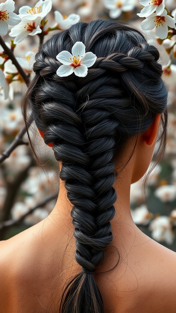 A woman with a braid crown and loose braids, adorned with a white flower, surrounded by blooming flowers.
