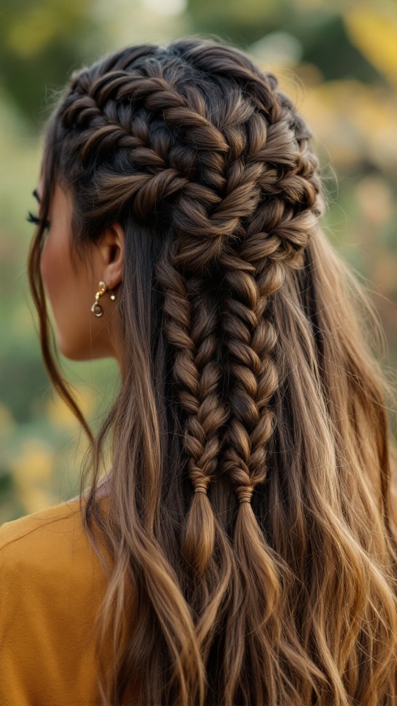 A half up half down hairstyle featuring intricate braids and loose hair.