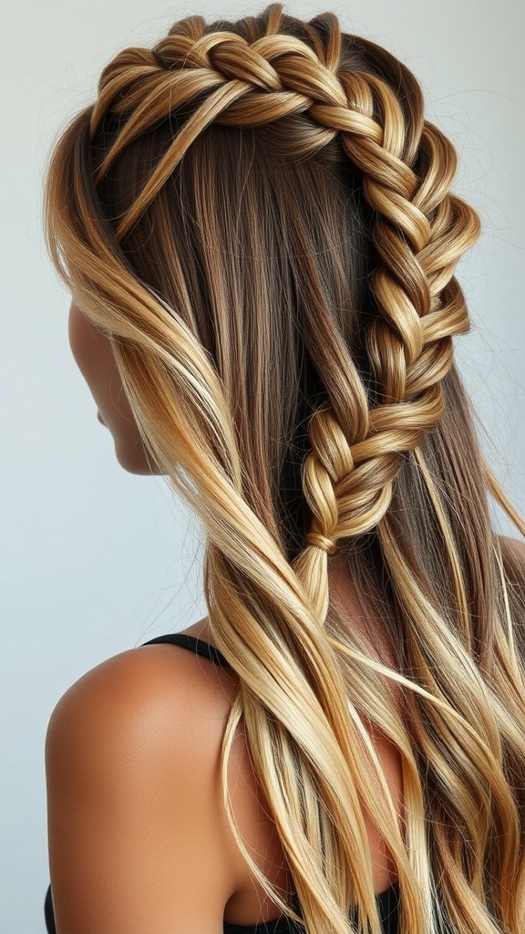 A hairstyle featuring a braided crown with loose beach waves cascading down.