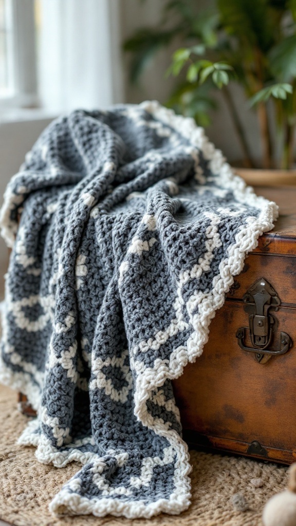 A cozy crochet blanket with a braided border on a vintage trunk.