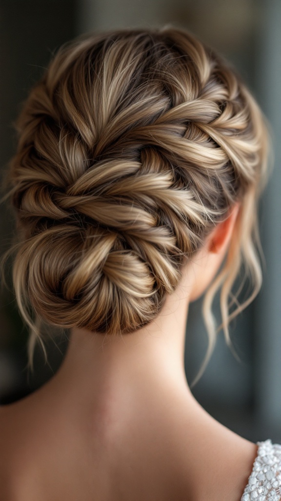A beautiful braided bun hairstyle from the back view, showcasing intricate braids and a lovely finish.