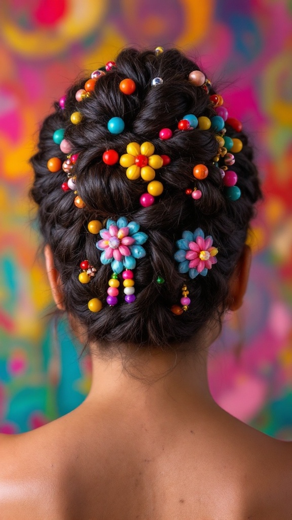 A braided bun adorned with colorful decorative beads.