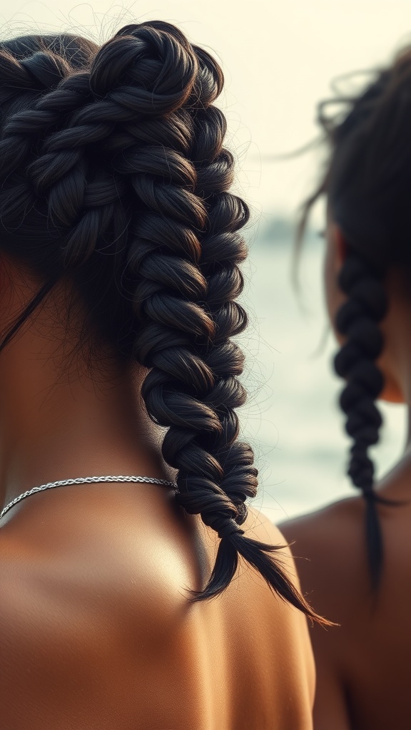 A close-up view of a braided bun with twists, showcasing a stylish and intricate hairstyle.