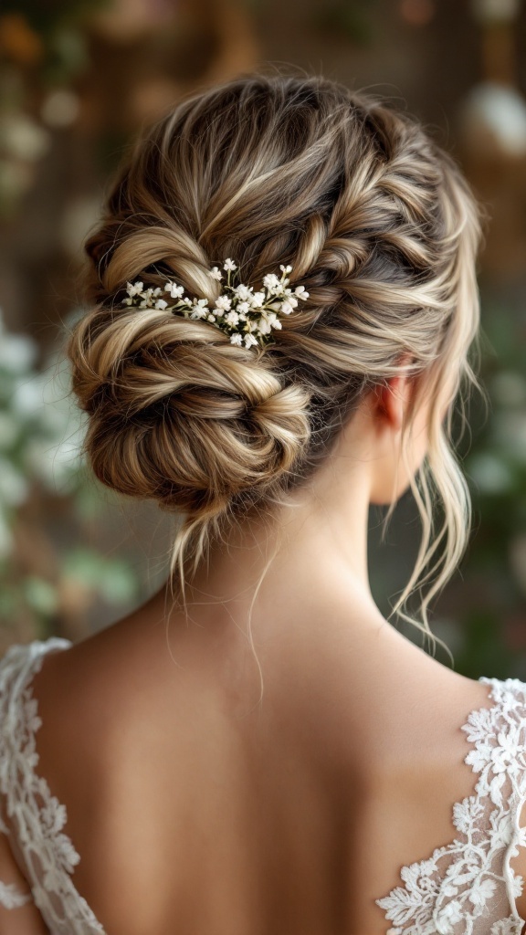 A braided bun hairstyle adorned with small white flowers, showcasing vintage charm.