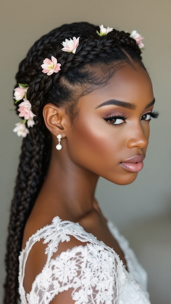 A young woman with braided hair adorned with flowers, wearing a lace dress.
