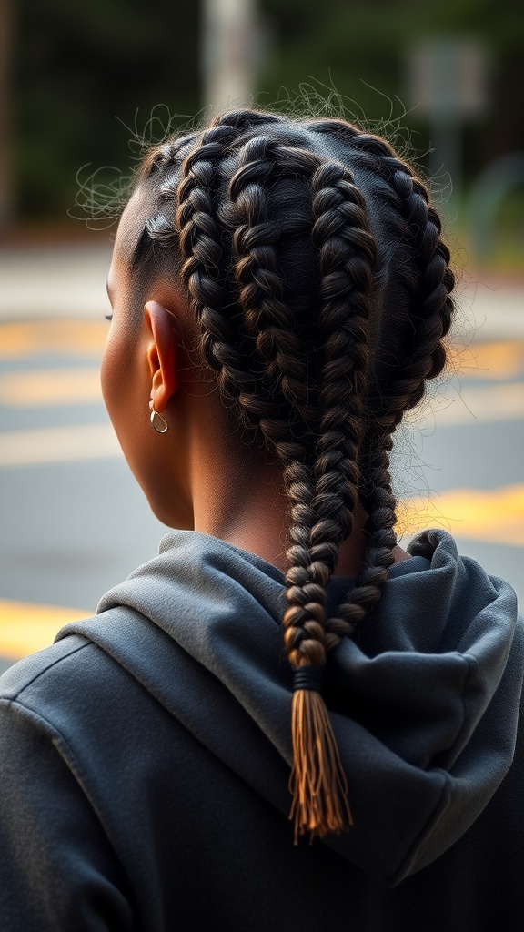 A person with a braided crown hairstyle wearing a gray hoodie, viewed from the back.