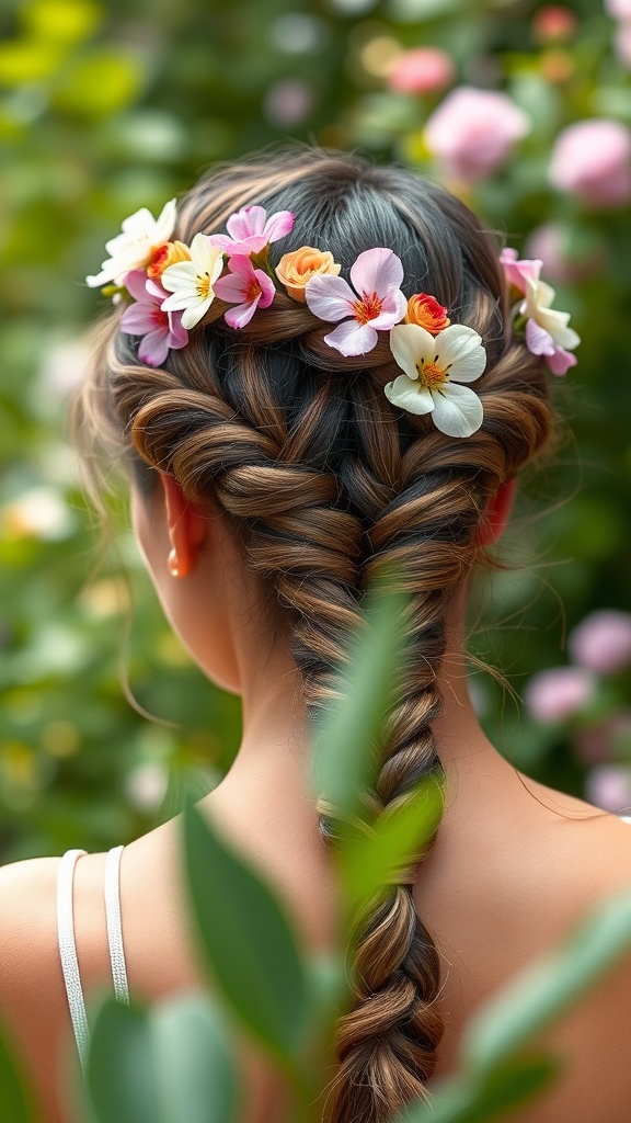 A woman with a braided crown hairstyle adorned with colorful flowers.