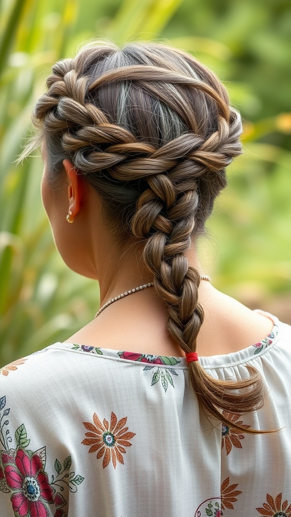 A woman with a braided crown hairstyle, showcasing a bohemian style, wearing a floral top.