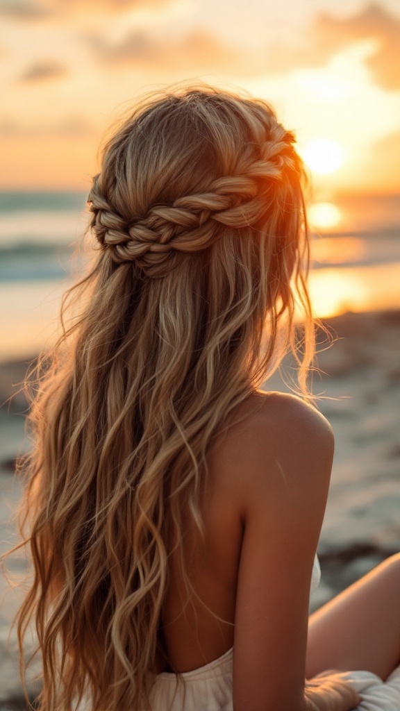 A woman with long hair styled in a braided crown, sitting on the beach during sunset