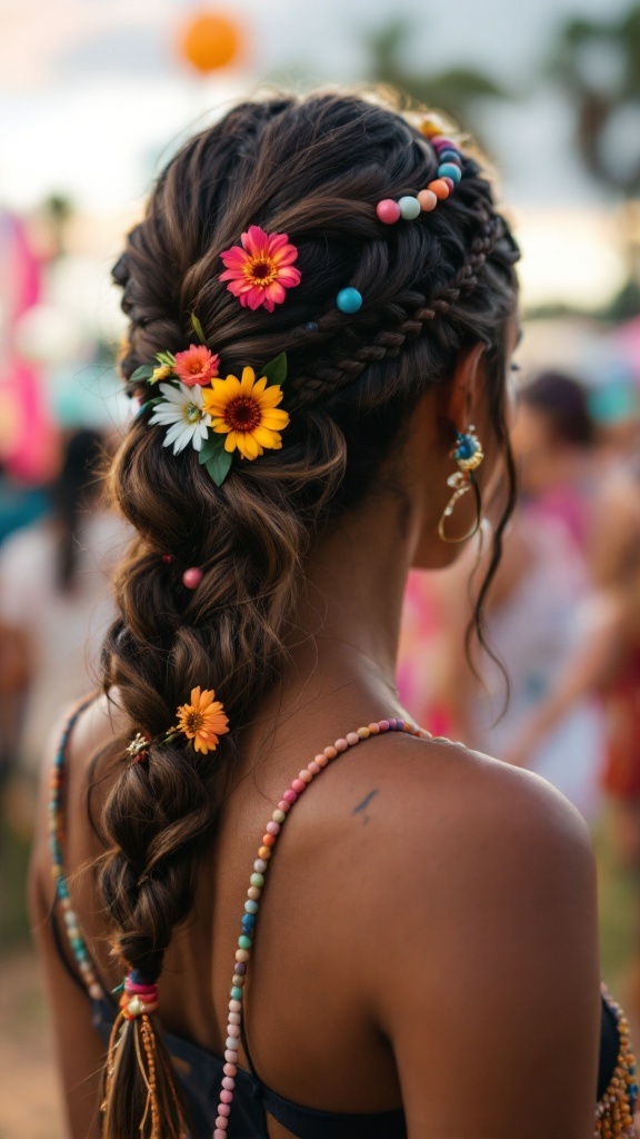 A woman with a braided crown hairstyle decorated with flowers and beads, showcasing a festive and summer-ready look.