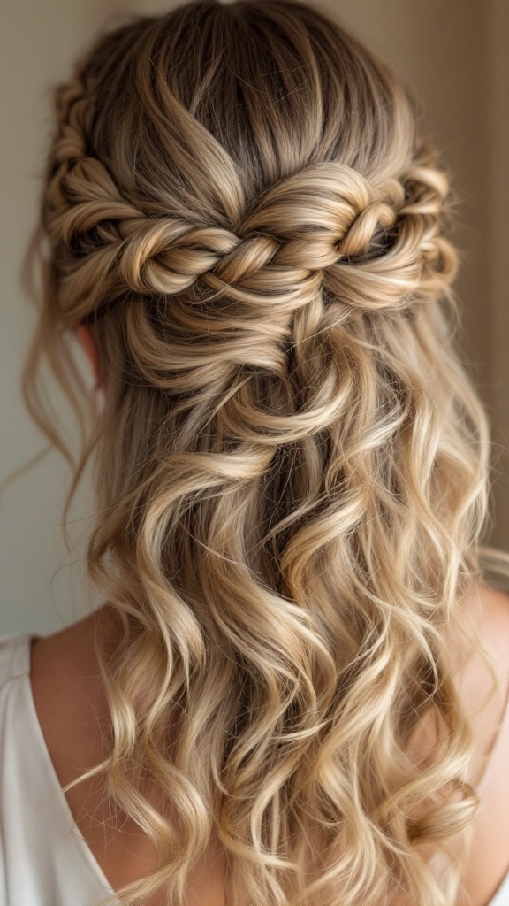 Braided crown half updo hairstyle with wavy hair