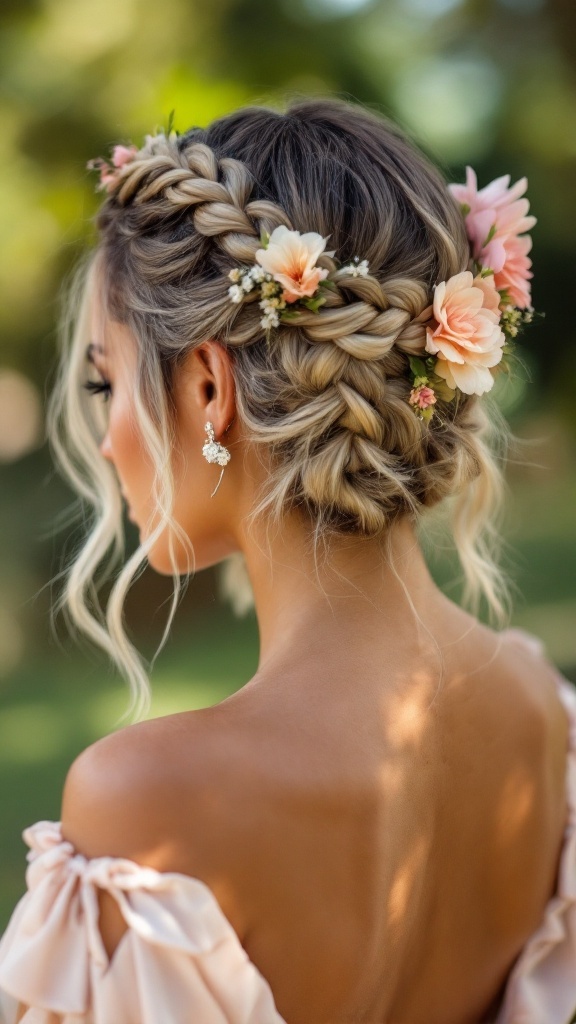 A woman with a braided crown hairstyle featuring flowers, showcasing an elegant look for short hair.