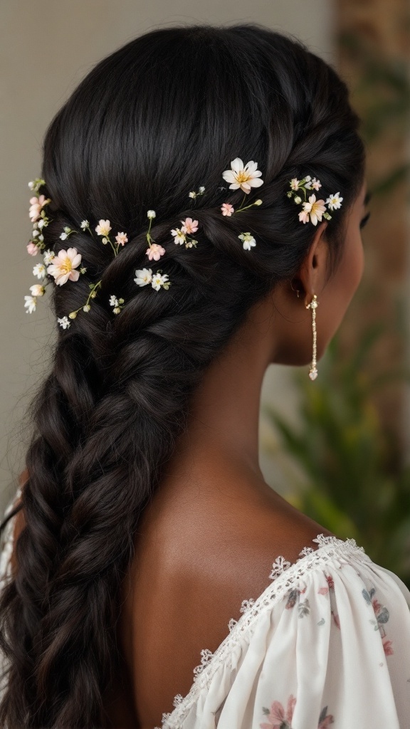 A close-up of a braided crown hairstyle, featuring black hair adorned with delicate flowers.