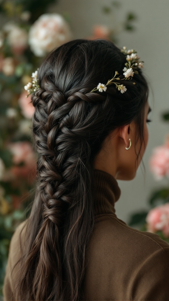 A woman with a braided crown hairstyle adorned with flowers, wearing a turtleneck.