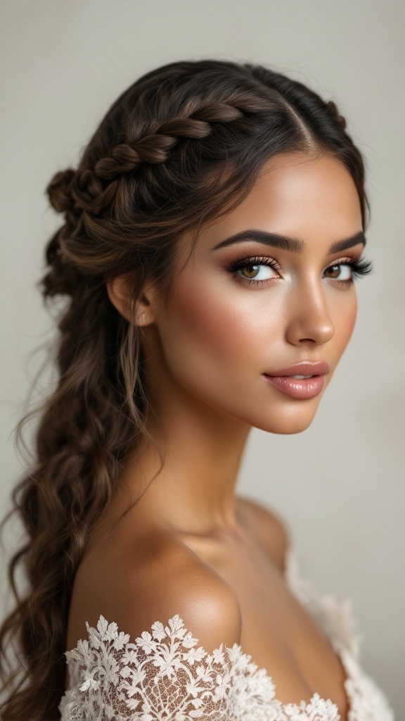 A woman with braided crown hairstyle, showcasing elegance and beauty.