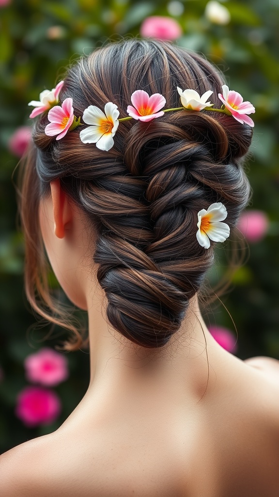 A woman with a braided crown updo adorned with flowers, showcasing a stylish hairstyle against a floral background.