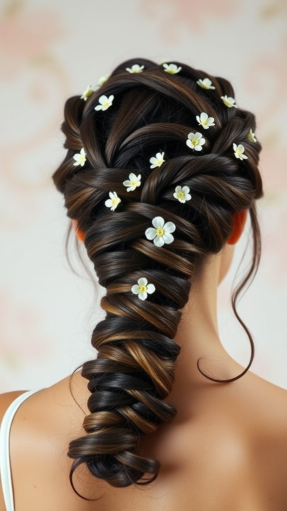 A braided crown updo hairstyle adorned with small flowers, showcasing a neat and elegant design.