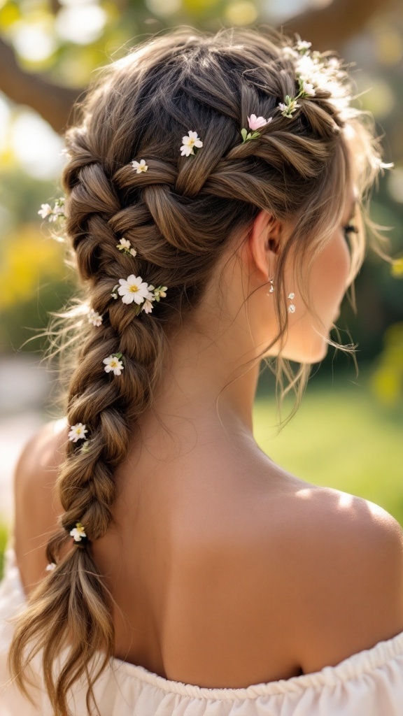 A woman with a braided crown updo adorned with small flowers, showcasing a stylish and romantic hairstyle.