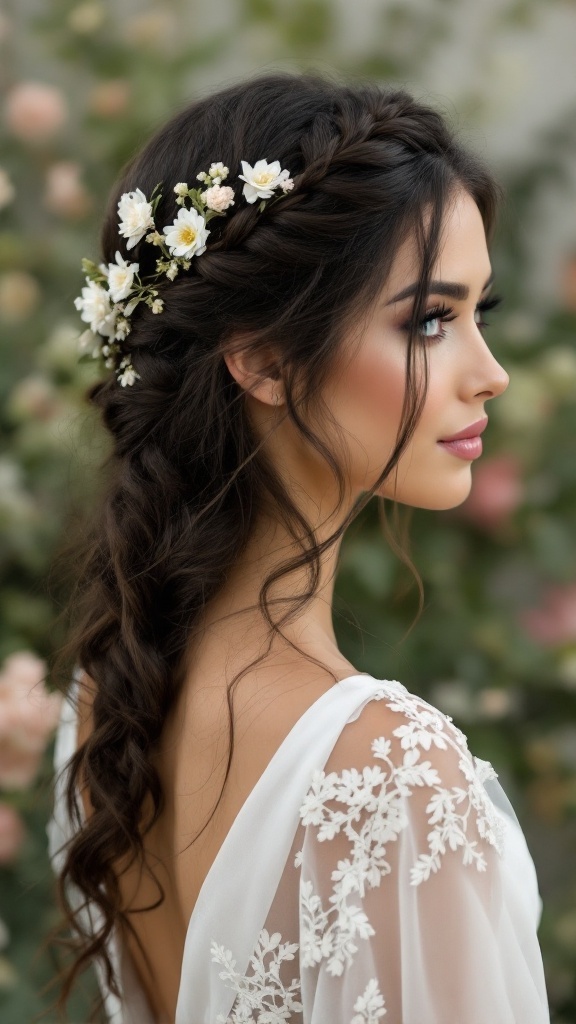 A woman with a braided crown hairstyle adorned with flowers, featuring a side part