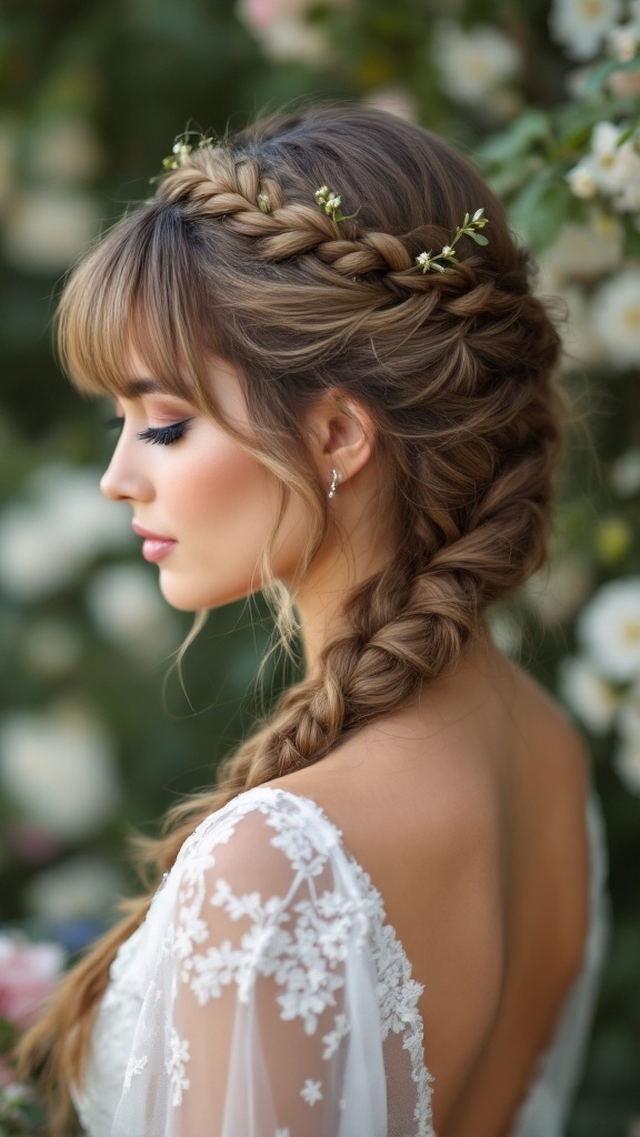A woman with a braided crown hairstyle and bangs, adorned with small flowers, showcasing a romantic look.