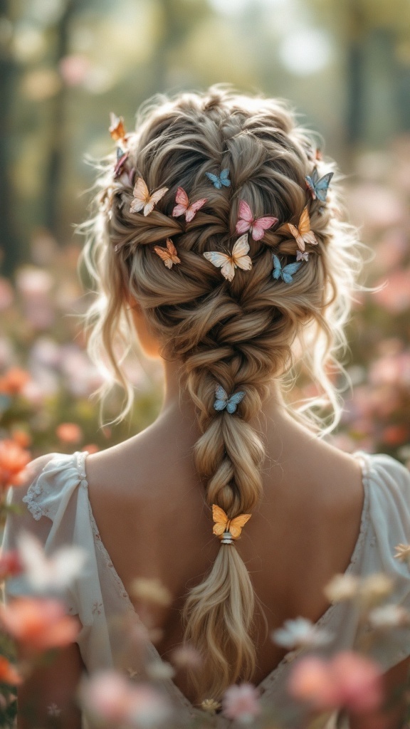 A woman with a braided crown hairstyle adorned with colorful butterfly clips, surrounded by flowers.