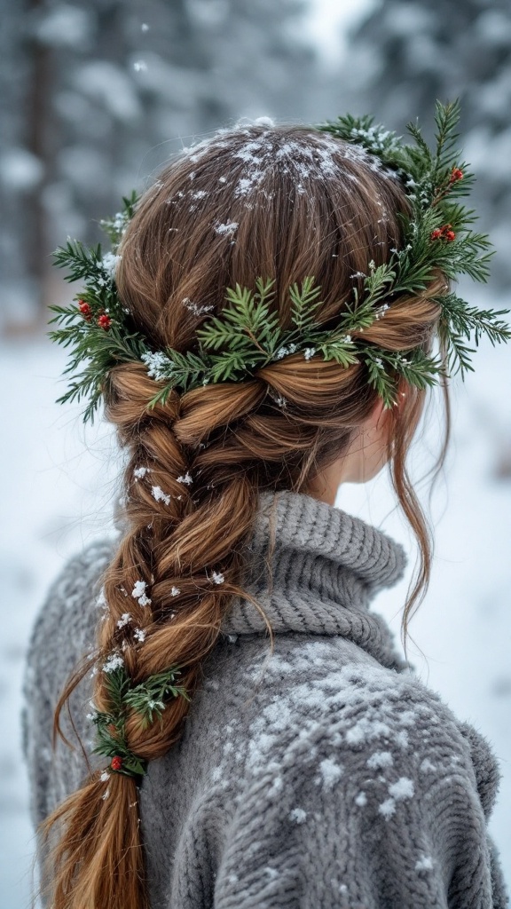 A woman with a braided hairstyle decorated with evergreen sprigs and berries, wearing a cozy grey sweater in a snowy setting.