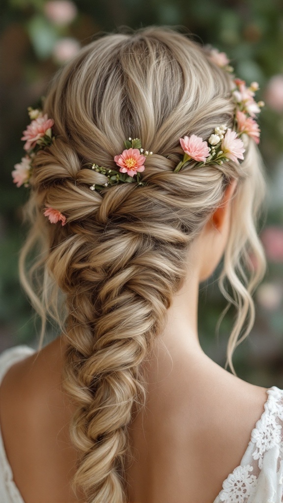 A back view of a braided crown hairstyle adorned with pink flowers.