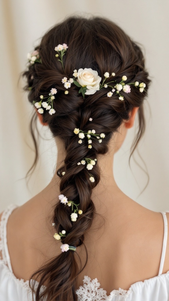 A woman with medium brown hair styled in a braided crown adorned with white roses and small flowers.
