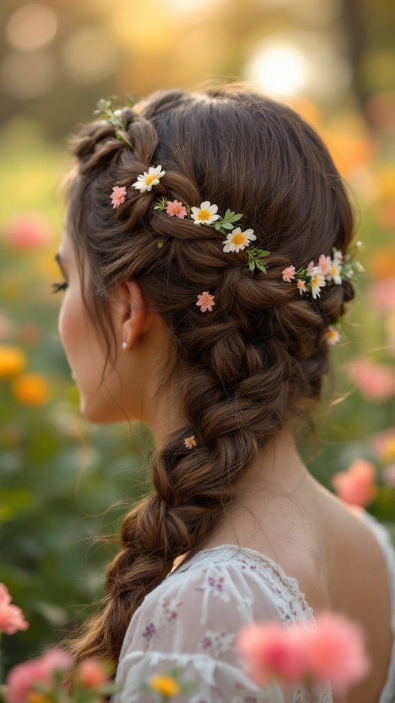 A little girl with a braided crown hairstyle decorated with small flowers in a field of flowers.