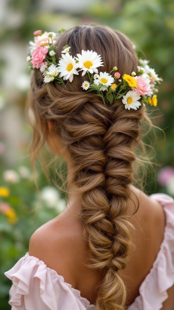 A woman with a braided crown adorned with colorful flowers, showcasing a summer hairstyle.