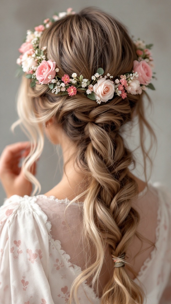 A woman with a braided crown hairstyle adorned with flowers, showcasing a romantic look.
