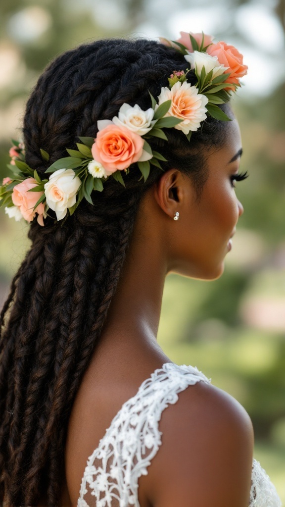 A woman with a braided crown hairstyle adorned with peach and white flowers.