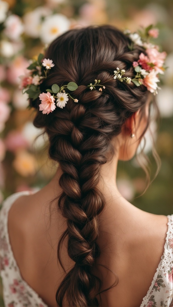 A beautiful braided crown hairstyle adorned with pink and white flowers.