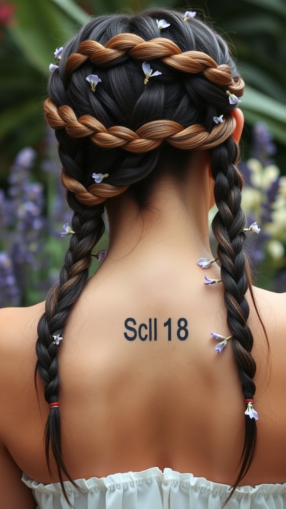 A woman with braided hair adorned with lavender flowers, showcasing a beautiful braided crown hairstyle.