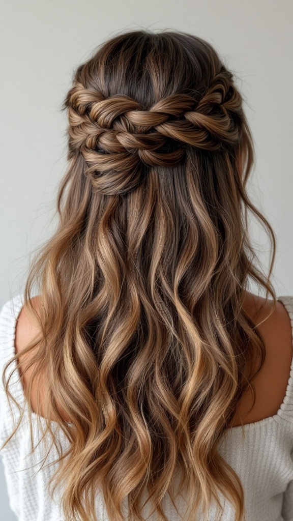 A hairstyle featuring a braided crown on top and loose curls flowing down.