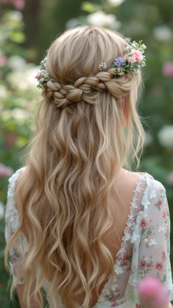 A hairstyle featuring a braided crown with loose flowing hair adorned with flowers.