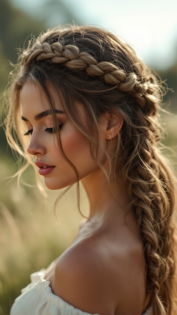 A woman with a braided crown hairstyle and loose strands.
