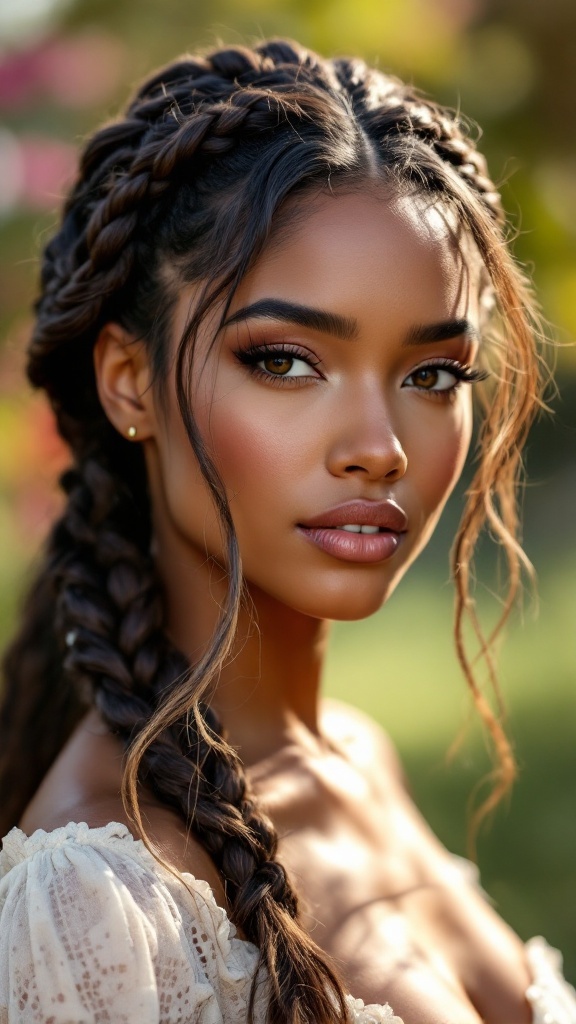 A woman with a braided crown hairstyle featuring loose strands, looking elegant and poised.