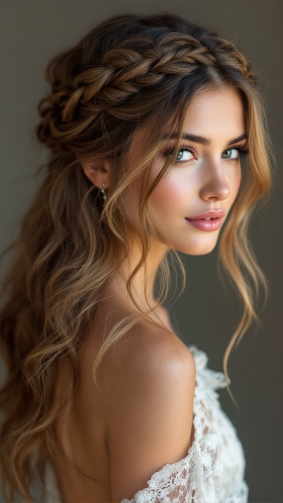 A bride with a braided crown hairstyle featuring loose tendrils, showcasing a romantic half up half down look.