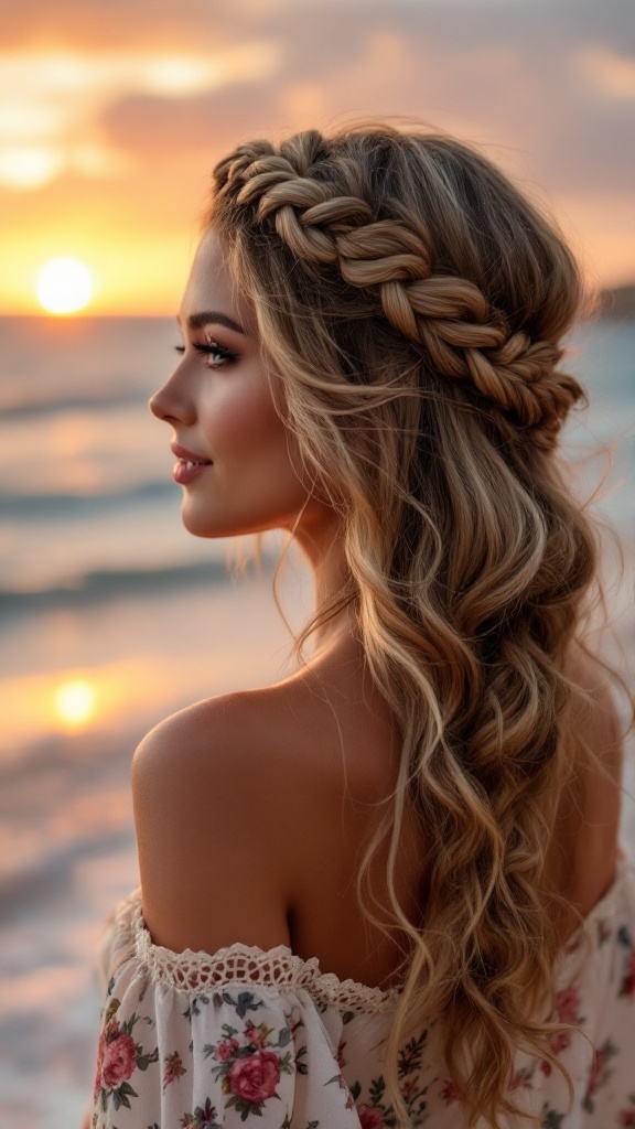 A woman with a braided crown hairstyle and loose waves, set against a sunset background.