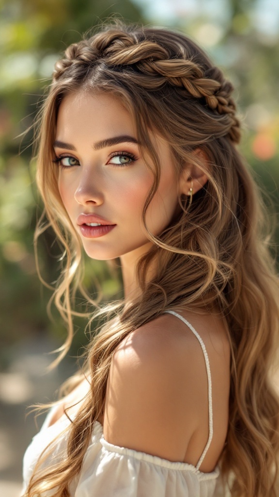 A woman with a braided crown hairstyle and loose waves
