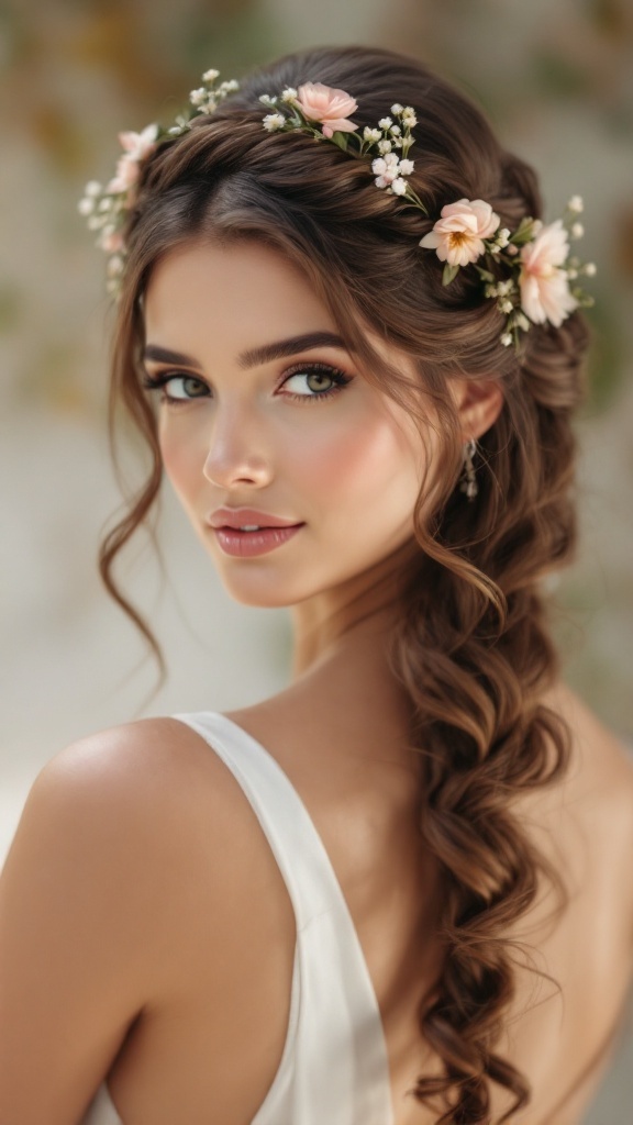 Braided crown hairstyle with soft curls and flowers