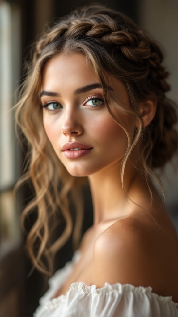 A woman with a braided crown hairstyle featuring soft tendrils, showcasing a romantic and boho look.