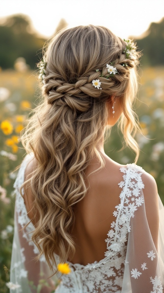 Braided crown hairstyle with waves and flowers