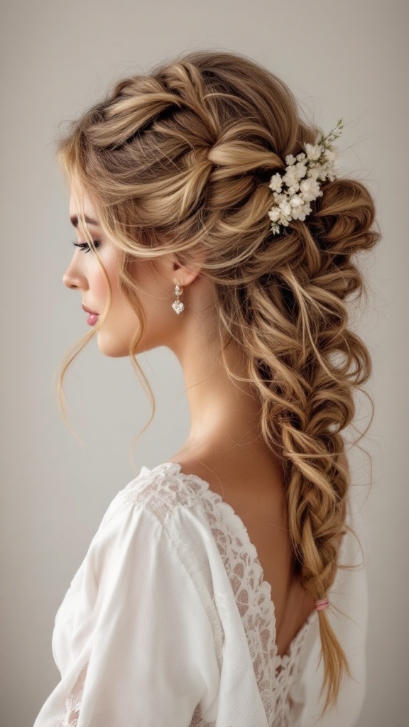 A side view of a braided hairstyle for bridesmaids featuring a vintage twist with floral accents.