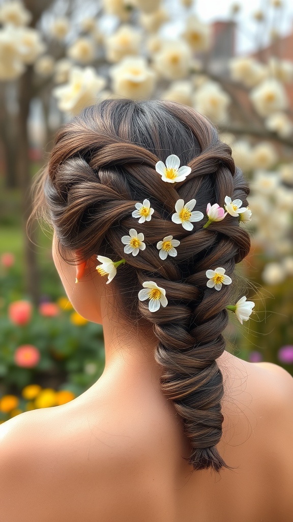 A woman with a braided half-up bun hairstyle adorned with small flowers, set against a backdrop of blooming flowers.