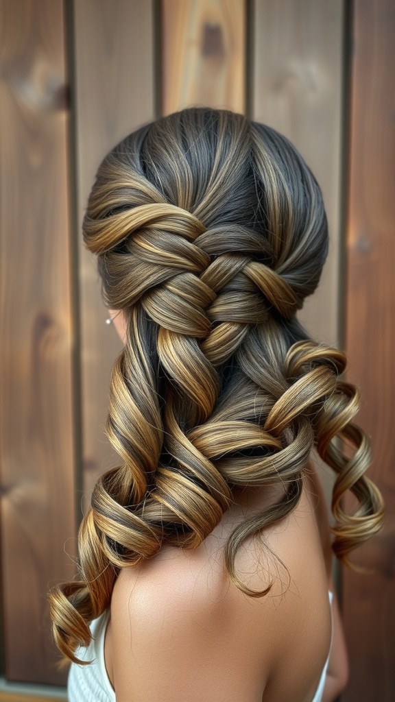 A half-up braided hairstyle with flowing curls, showcasing elegant braids and rich hair tones.