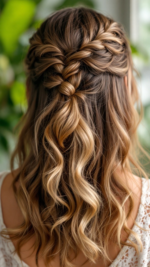 A woman with a braided half-up hairstyle featuring loose curls.